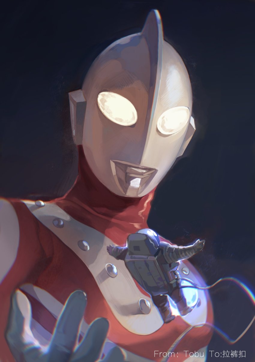 2boys alien artist_name astronaut backpack bag black_background bolt_(hardware) giant glowing glowing_eyes helmet highres looking_at_another multiple_boys open_hand orb outstretched_arms oxygen_tank science_fiction shouwa space_helmet spread_arms studs tobu_(bilibil) ultra_series ultraman_(1st_series) yellow_eyes zoffy_(shin)