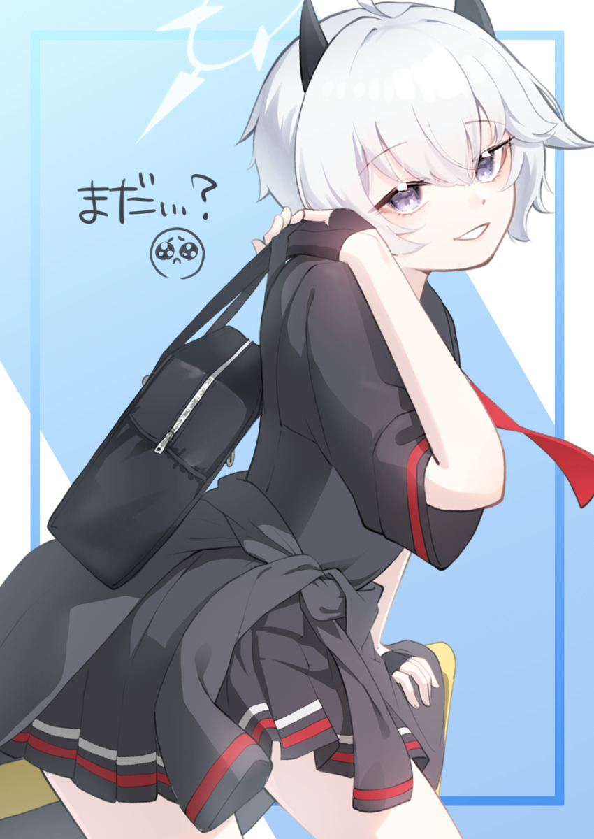 1girl bag black_gloves black_shirt blue_archive blue_eyes blush carrying_over_shoulder commentary_request demon_girl demon_horns erika_(blue_archive) fingerless_gloves from_side gloves grin hair_between_eyes halo hand_up highres horns leaning_forward looking_at_viewer looking_back medium_hair miniskirt pleated_skirt school_bag school_uniform shirt skirt smile solo thighs white_hair white_halo zonne=quael