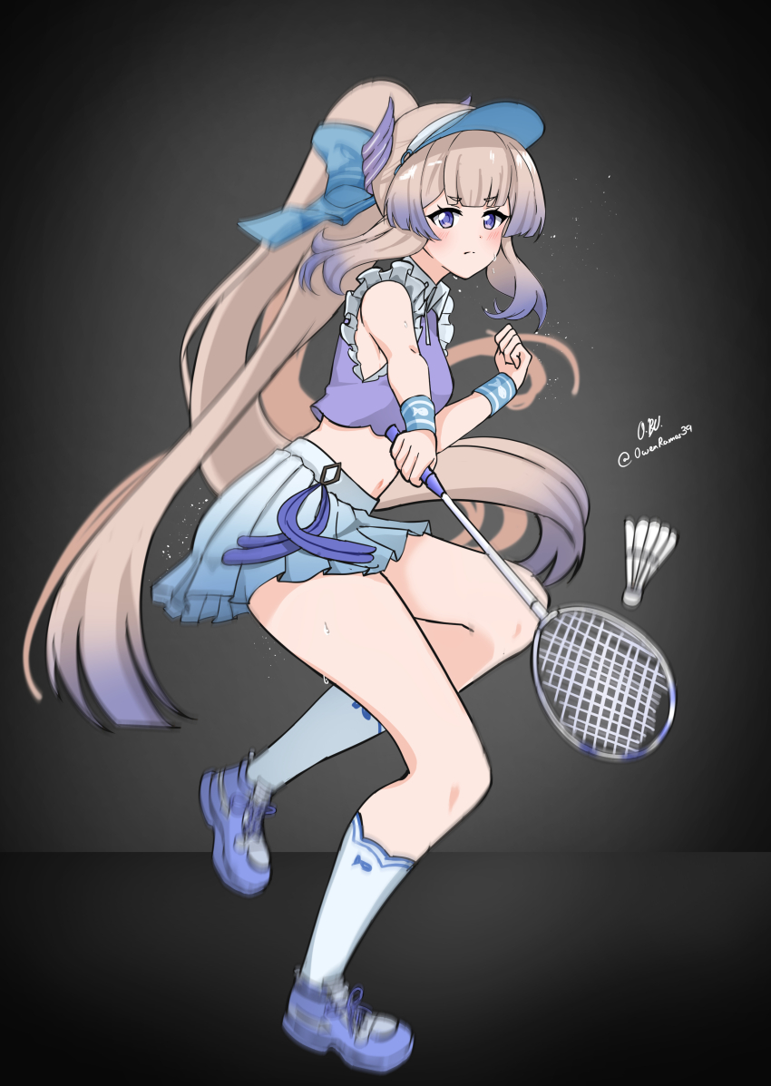 1girl absurdres alternate_costume artist_name badminton badminton_racket ball black_background blunt_bangs bow bow-shaped_hair colored_tips double-parted_bangs frills full_body genshin_impact gradient_hair hair_bow high_ponytail highres holding kneehighs long_hair looking_at_viewer midriff multicolored_hair navel owenramos39 pink_hair pleated_skirt ponytail purple_eyes purple_hair racket sangonomiya_kokomi sangonomiya_kokomi_(pulse+) shirt shoes sidelocks simple_background skirt sleeveless sneakers socks solo sportswear sweat tennis_ball tennis_racket tennis_uniform visor_cap white_socks
