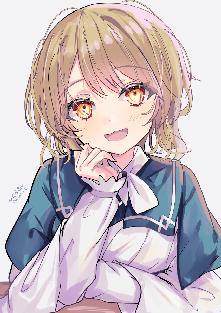 1girl absurdres blue_cloak breasts cloak dress highres hizaka japanese_clothes kantai_collection long_hair long_sleeves looking_at_viewer medium_breasts ootomari_(kancolle) orange_hair smile solo table twitter_username upper_body white_background yellow_eyes
