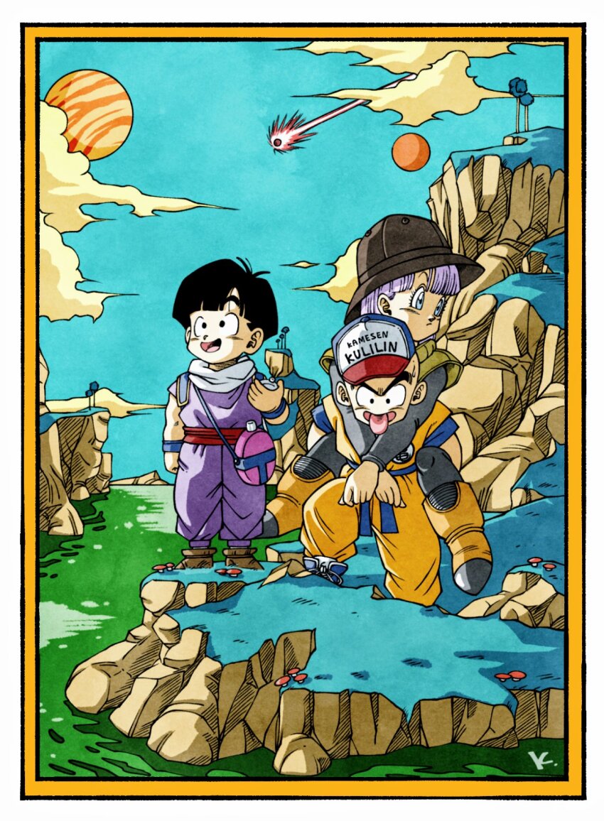1boy 2girls alternate_colored_grass baseball_cap black_hair blue_eyes blue_grass blue_sky boots border brown_footwear brown_hat bulma canteen carrying cloud day dragon_ball dragonball_z green_water hat highres initial jumpsuit kakeru_(dbskakeru) kuririn meteor multiple_girls open_mouth orange_boots orange_jumpsuit outdoors outside_border piggyback planet purple_hair purple_jumpsuit short_hair sky sleeveless_jumpsuit son_gohan tongue tongue_out toriyama_akira_(style) water white_border