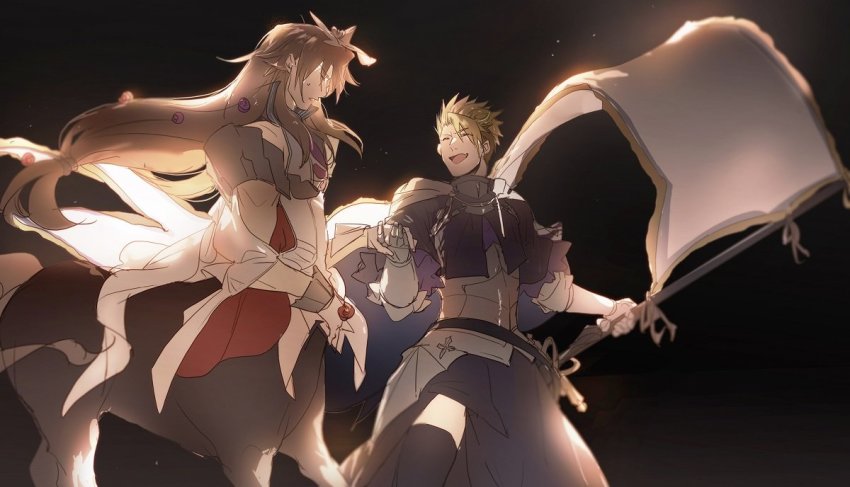 2boys achilles_(fate) adapted_costume animal_ears armor breastplate brown_hair capelet centaur chiron_(fate) cosplay fate/apocrypha fate_(series) flag horse_ears jeanne_d&#039;arc_(fate) jeanne_d&#039;arc_(fate)_(cosplay) jeanne_d&#039;arc_(ruler)_(fate) long_hair male_focus manly mordred_(fate) mordred_(fate)_(cosplay) mordred_(fate/apocrypha) multiple_boys no-kan plackart taur thighhighs