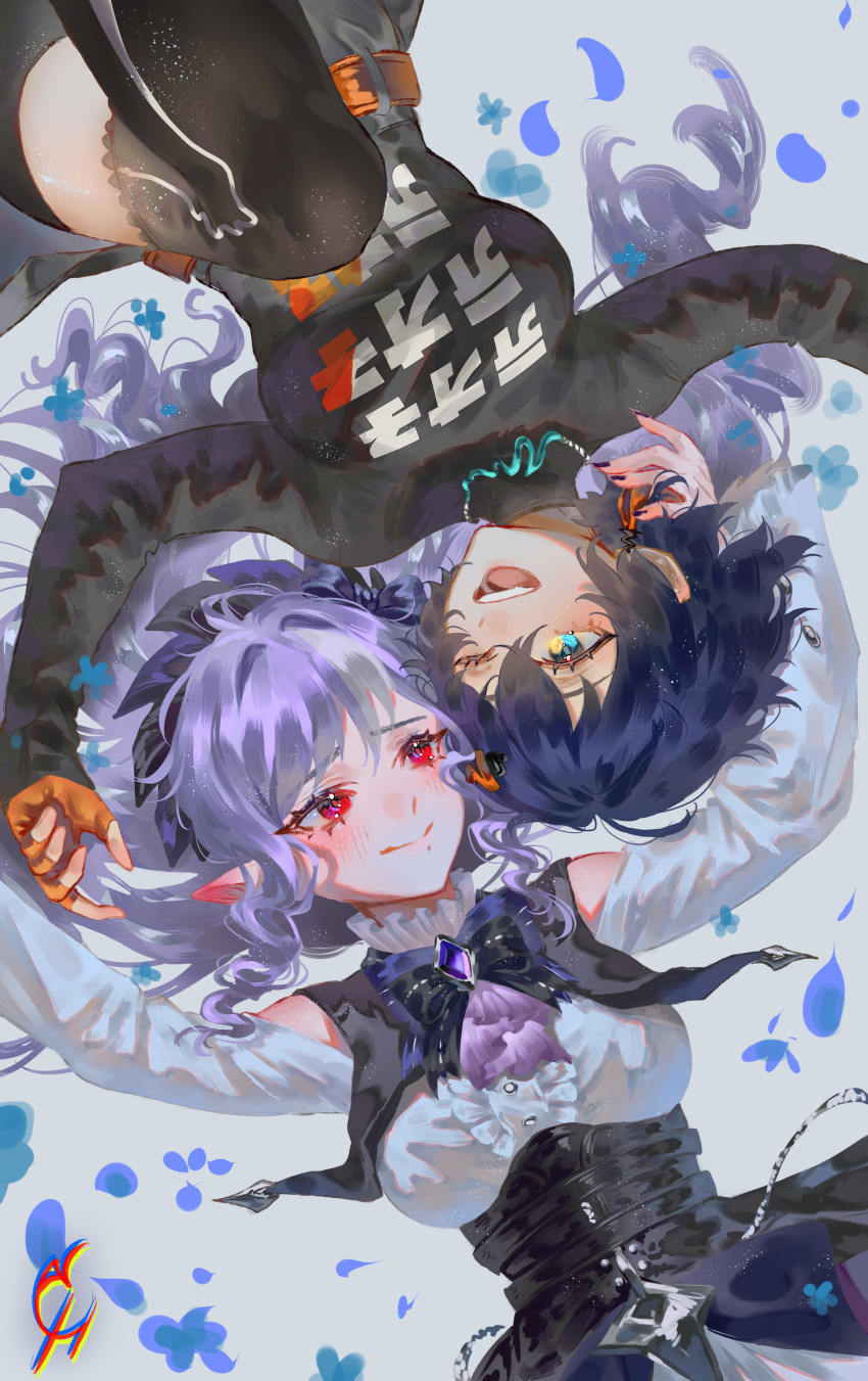 2girls absurdres artist_logo ascot belle_(zenless_zone_zero) black_shirt black_thighhighs blue_hair bow bowtie breasts center_frills closed_mouth clothes_writing coconuthound commentary english_commentary frills grey_skirt hair_ornament highres large_breasts letter_hair_ornament light_blush logo long_hair looking_at_another multiple_girls one_eye_closed open_mouth pointy_ears purple_ascot purple_bow purple_bowtie purple_hair red_eyes shirt short_hair skirt smile teeth thighhighs thighs upper_teeth_only very_long_hair vivian_banshee yuri zenless_zone_zero