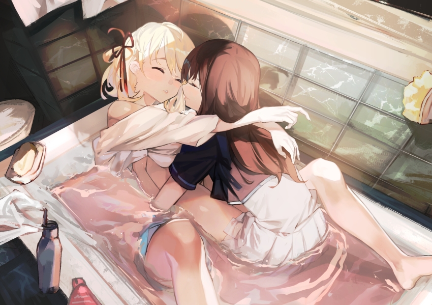 2girls bathroom bathtub black_hair blonde_hair bob_cut closed_eyes hair_ribbon highres inoue_takina long_hair lycoris_recoil multiple_girls nishikigi_chisato plaid_clothes plaid_skirt red_ribbon ribbon saitogiulio short_hair short_sleeves skirt water white_skirt yuri