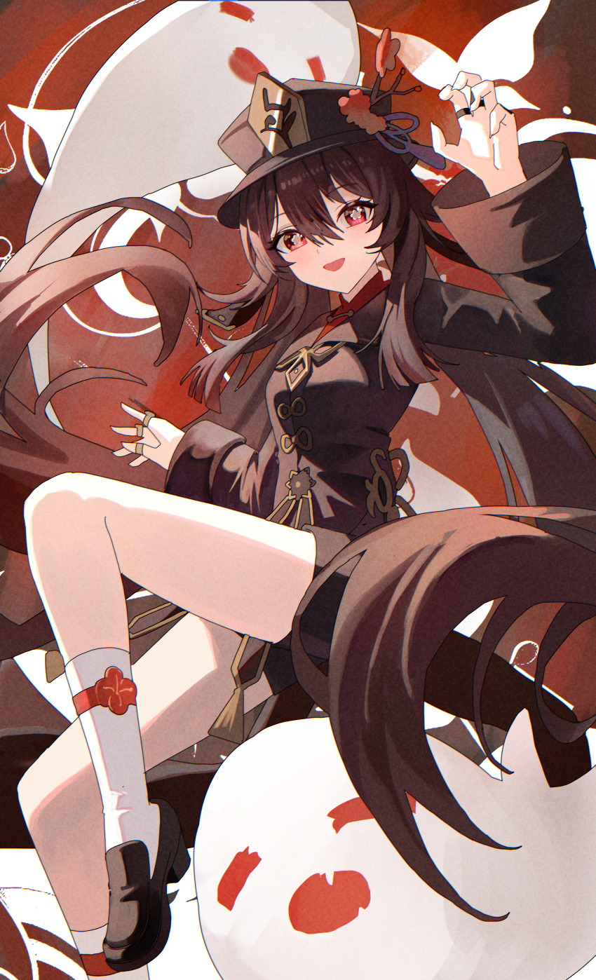 1girl absurdres black_shoes boo_tao_(genshin_impact) bright_pupils brown_hair floating_hair flower-shaped_pupils genshin_impact ghost hair_between_eyes highres hu_tao_(genshin_impact) jewelry kneehighs long_hair long_sleeves looking_at_viewer multiple_rings open_mouth red_eyes ring shoes shorts simple_background smile socks solo symbol-shaped_pupils very_long_hair white_pupils white_socks wuzhihuijia
