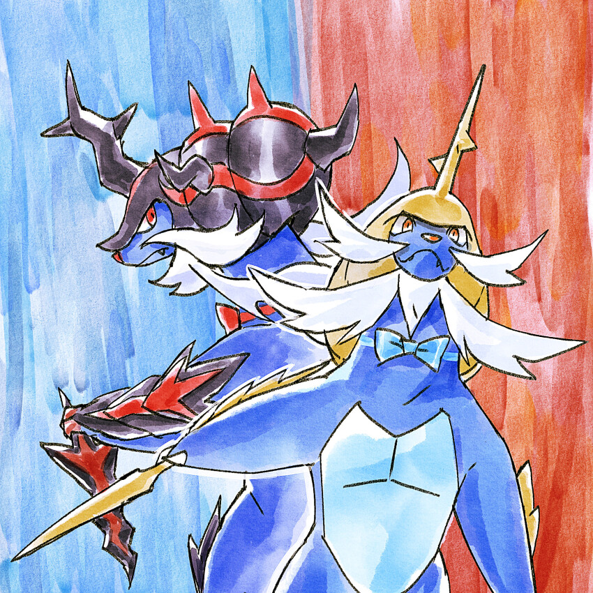 bow bowtie claws closed_mouth commentary fang fang_out fangs fangs_out gen_5_pokemon go-lurk highres hisuian_samurott holding horns nintendo no_humans orange_eyes pokemon pokemon_(creature) red_eyes samurott single_horn