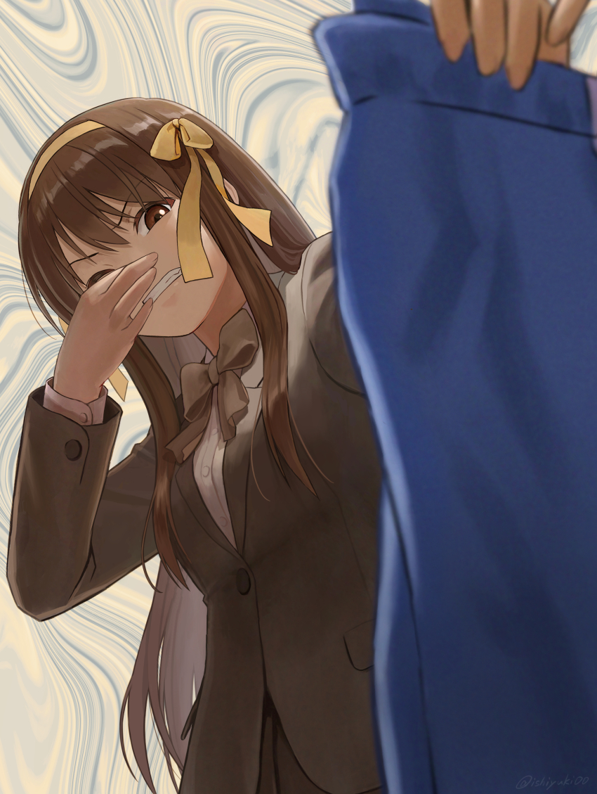 1girl absurdres blazer blue_pants bow bowtie brown_bow brown_bowtie brown_eyes brown_hair brown_jacket brown_skirt collared_shirt commentary_request hair_ribbon hairband highres holding holding_pants holding_unworn_clothes ishiyuki jacket kouyouen_academy_school_uniform long_hair long_sleeves official_alternate_costume official_alternate_hair_length official_alternate_hairstyle open_mouth pants redrawn ribbon school_uniform shirt skirt smelling smelling_clothes solo suzumiya_haruhi suzumiya_haruhi_no_shoushitsu suzumiya_haruhi_no_yuuutsu teeth track_pants unworn_pants white_shirt winter_uniform