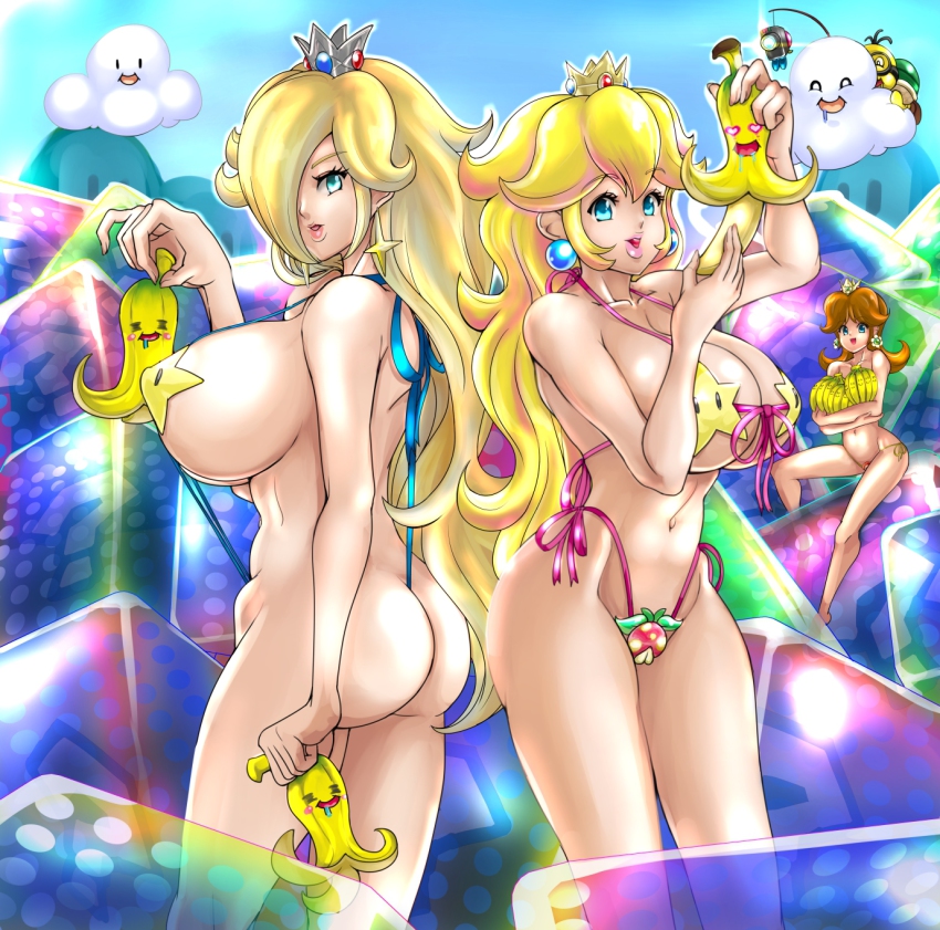 3girls =_= ? ?_block ass banana banana_peel bikini blonde_hair blue_eyes blush breasts brown_hair camera cloud covered_erect_nipples crown drooling earrings food front-tie_bikini_top front-tie_top fruit green_eyes hair_over_one_eye happy heart heart-shaped_eyes highleg highleg_bikini highres huge_ass huge_breasts jewelry lakitu large_breasts long_hair mario_(series) mario_kart micro_bikini mini_crown multiple_girls navel nekomatag nintendo outdoors pasties peeking piranha_plant princess princess_daisy princess_peach rosalina side-tie_bikini_bottom sideboob sky slingshot_swimsuit smile star_(symbol) string_bikini super_mario_bros._1 super_mario_galaxy super_mario_land swimsuit