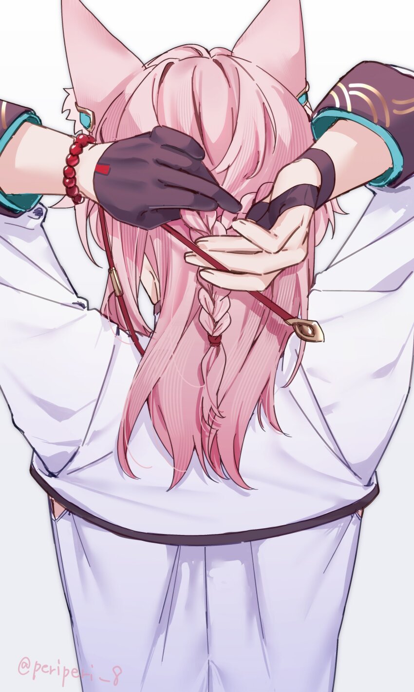 1boy absurdres animal_ears bead_bracelet beads bracelet braid brown_gloves commentary_request fox_ears from_behind gloves hair_ornament hairpin highres honkai:_star_rail honkai_(series) jewelry jiaoqiu_(honkai:_star_rail) long_sleeves male_focus medium_hair peridot_(periperi_8) shirt simple_background single_glove solo twitter_username tying_hair upper_body white_background white_shirt