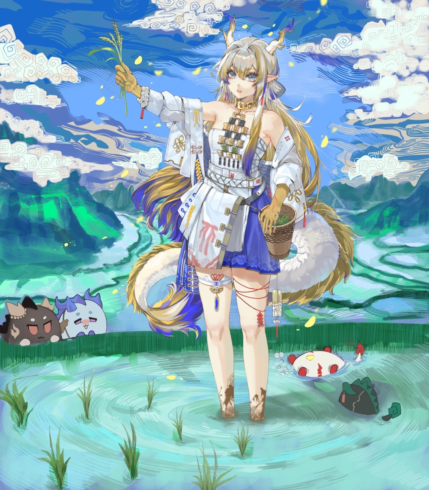 1girl absurdres annotated arknights arm_up bare_shoulders basket beads belt blonde_hair blue_eyes chinese_commentary chongyue_(arknights) cloud collarbone colored_extremities commentary day dirty dirty_feet dragon_bubble_(arknights) dragon_girl dragon_horns dragon_tail dusk_(arknights) earrings farm full_body grey_hair hair_between_eyes highres holding holding_plant horns jacket jewelry ling_(arknights) long_hair long_sleeves multicolored_hair necklace nian_(arknights) off_shoulder open_mouth outdoors outstretched_arm plant pointy_ears purple_hair purple_skirt rice_(plant) rice_paddy ripples shu_(arknights) skirt solo standing strapless tail tube_top very_long_hair water white_belt white_jacket white_tube_top yu_ruo