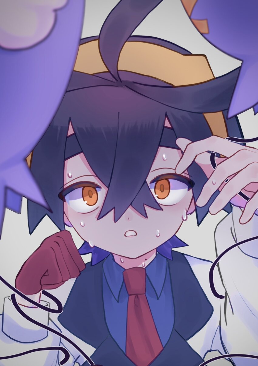 1boy ahoge black_hair blue_shirt collared_shirt commentary_request crossed_bangs drifloon gen_4_pokemon gloves hair_between_eyes hairband hands_up highres jacket kieran_(pokemon) long_sleeves looking_at_viewer male_focus mole mole_on_neck na8_8n necktie nintendo pokemon pokemon_(creature) pokemon_sv red_gloves red_necktie shirt short_hair single_glove sweat upper_body white_jacket yellow_hairband