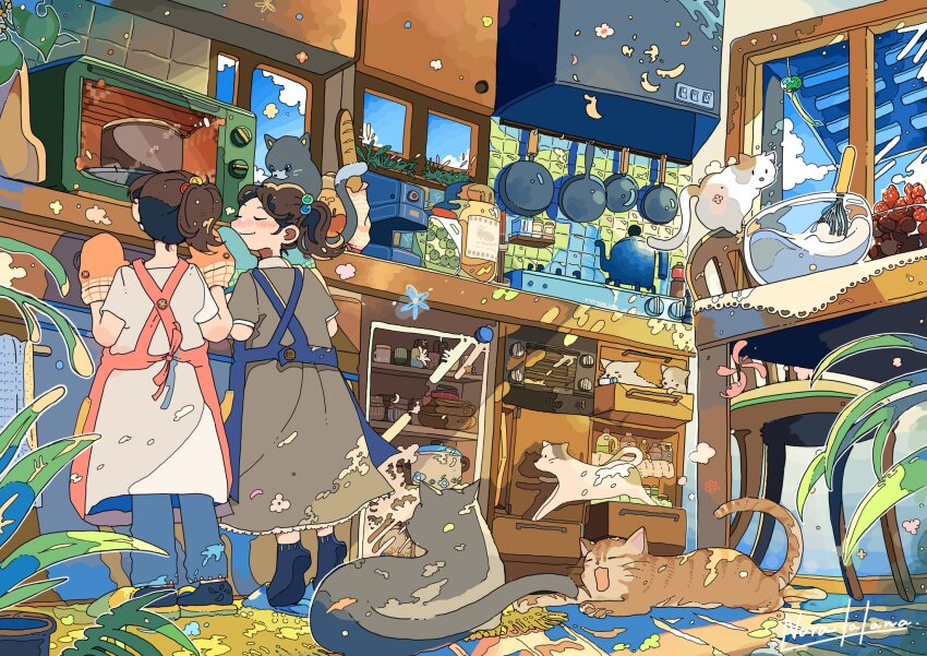 2girls apron blue_apron blue_pants blue_sky blue_socks bowl brown_cat brown_dress brown_hair calico_cat cat chair child closed_mouth commentary dress food fruit frying_pan grey_cat hair_bobbles hair_ornament highres indoors jar kitchen medium_hair microwave mixing_bowl multiple_girls nara_lalana open_drawer original oven_mitts pants pink_apron plant ponytail potted_plant signature sky slice_of_life socks standing stove strawberry table teapot tiptoes white_dress window