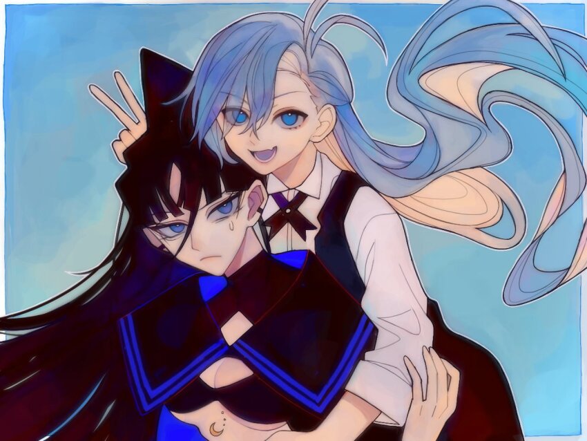 2girls ado_(utaite) bikini black_bikini black_hair black_ribbon black_shirt black_vest blue_eyes blue_hair border breasts cleavage commentary_request dmyfish eyes_visible_through_hair fang floating_hair long_hair looking_at_viewer lower_teeth_only medium_breasts merry_(ado) multiple_girls naima_(ado) neck_ribbon open_mouth outside_border ponytail readymade_(ado) ribbon shirt skin_fang three-quarter_sleeves swimsuit teeth underboob upper_body usseewa v vest white_border