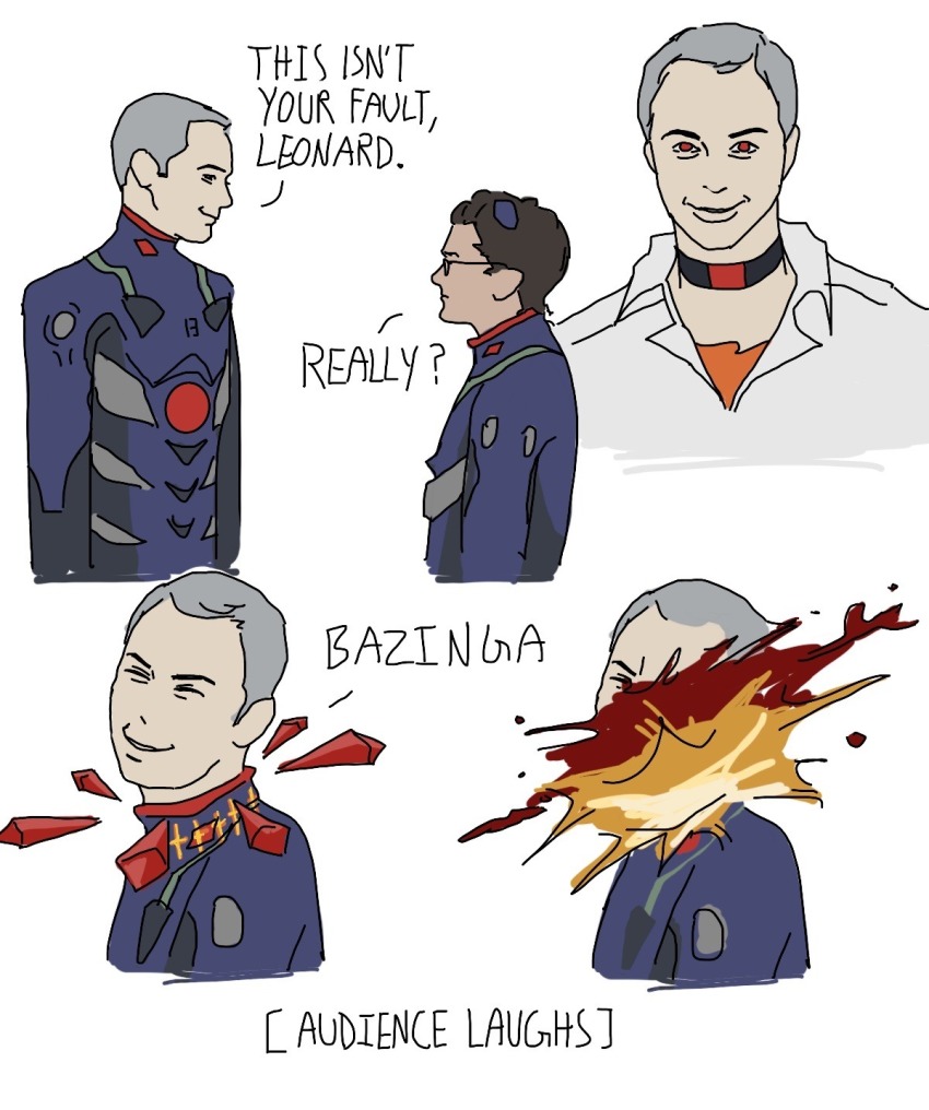 2boys blood cosplay english_text evangelion:_3.0_you_can_(not)_redo highres ikari_shinji ikari_shinji_(cosplay) leonard_hofstadter multiple_boys nagisa_kaworu nagisa_kaworu_(cosplay) neon_genesis_evangelion parody rebuild_of_evangelion red_eyes sheldon_cooper simple_background the_big_bang_theory white_background