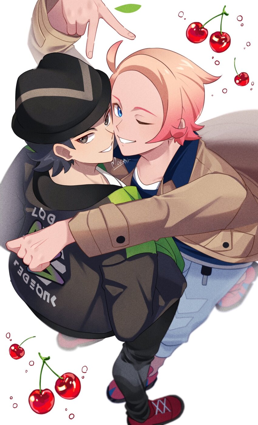 2boys arm_up black_hair black_hat blue_eyes brown_eyes brown_jacket cherry commentary_request food from_above fruit grin hat highres jacket long_sleeves male_focus mocacoffee_1001 multiple_boys nintendo one_eye_closed pants paxton_(pokemon) pokemon pokemon_legends:_z-a red_shoes shirt shoes short_hair signature smile teeth urbain_(pokemon) v white_shirt