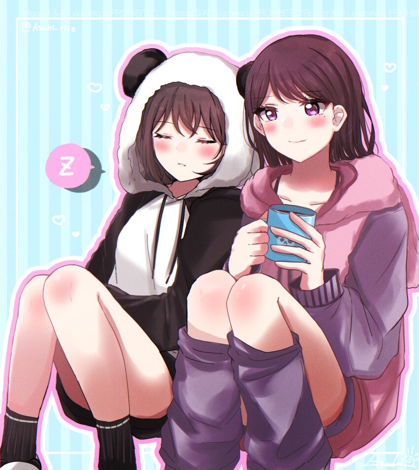 2girls animal_hood asahi_rise bang_dream! bang_dream!_it&#039;s_mygo!!!!! black_shorts black_socks blush border brown_hair closed_eyes closed_mouth collarbone commentary cup heart highres holding holding_cup hood hood_down hood_up hoodie leg_warmers long_hair long_sleeves mole mole_under_eye multiple_girls panda_hood parted_lips purple_eyes purple_hoodie purple_leg_warmers shiina_taki short_hair shorts sleeping sleeping_on_person smile socks spoken_letter takamatsu_tomori white_border