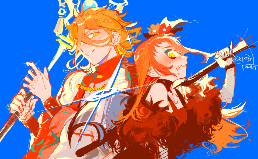 1boy 1girl absurdres antenna_hair aqua_eyeshadow axe bandaged_arm bandaged_hand bandages brother_and_sister earrings eyeliner eyeshadow facial_mark fire_emblem fire_emblem_engage gold_earrings highres holding holding_axe jewelry makeup messy_hair mochako_(motyako_1005) nintendo orange_hair pandreo_(fire_emblem) panette_(fire_emblem) red_eyeliner red_trim robe short_bangs siblings stitched_mouth stitches white_robe