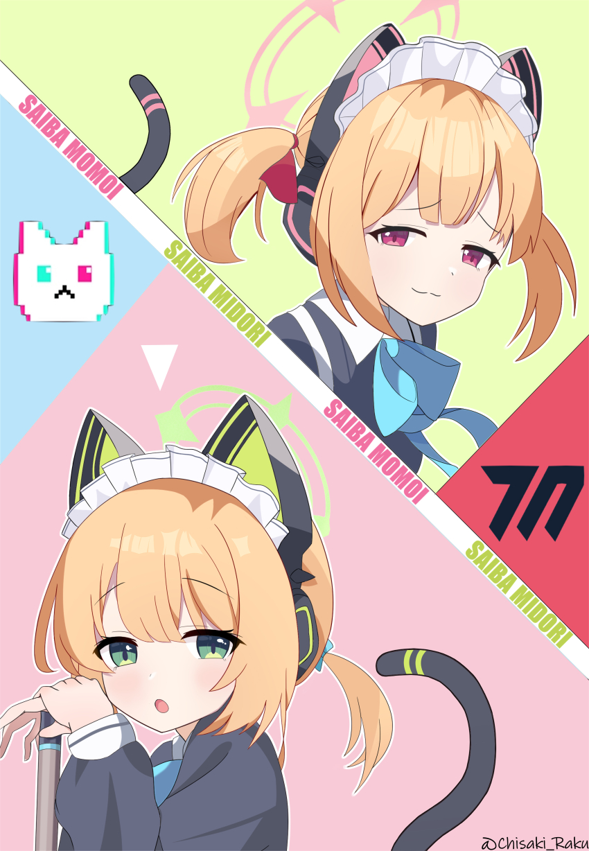 2girls :3 :o absurdres animal_ear_headphones animal_ears blonde_hair blue_archive blue_bow blue_bowtie blunt_bangs blush bow bowtie cat_ear_headphones cat_tail character_name chisaka_raku closed_mouth commentary fake_animal_ears fake_tail green_background green_eyes green_halo hair_bow halo headphones highres long_sleeves looking_at_viewer maid maid_headdress medium_hair midori_(blue_archive) midori_(maid)_(blue_archive) millennium_science_school_logo momoi_(blue_archive) momoi_(maid)_(blue_archive) multiple_girls official_alternate_costume official_alternate_hairstyle open_mouth pink_background pink_halo ponytail portrait red_bow red_eyes siblings sidelocks simple_background sisters smile smug split_mouth tail tail_raised twins twintails