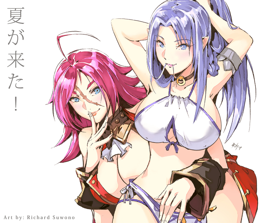 2girls adjusting_hair ahoge alternate_breast_size armlet artist_name bikini blue_eyes blue_hair breasts choker cleavage commentary english_commentary fate/grand_order fate_(series) francis_drake_(fate) hair_in_own_mouth huge_breasts jewelry leaning_forward long_hair medea_(caster)_(fate) medea_(fate) multiple_girls pixiv_fate/grand_order_contest_2 pointy_ears purple_hair richard_suwono scar scar_on_face swimsuit translation_request very_long_hair white_background white_bikini