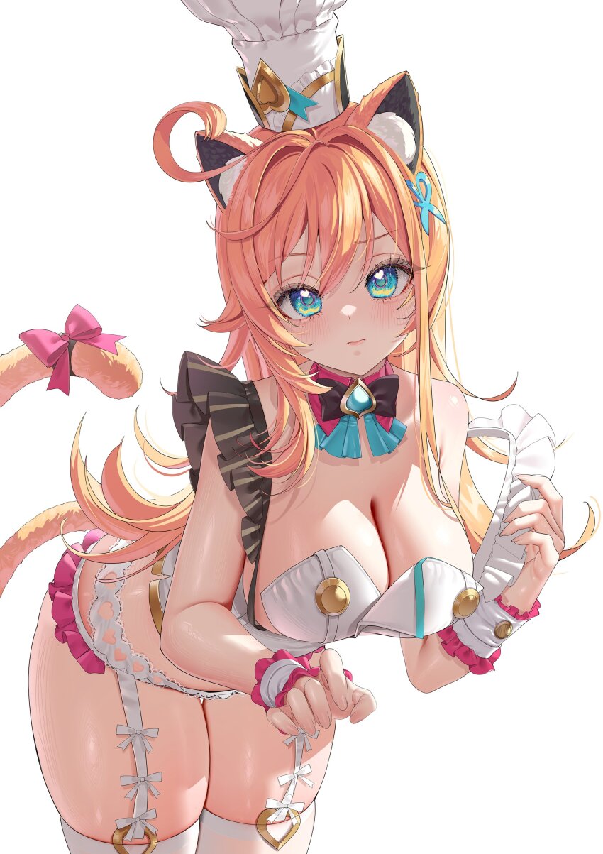 1girl absurdres animal_ears bare_shoulders blue_eyes blush breasts cake cat_ears cat_tail chef_hat cleavage closed_mouth commentary_request detached_collar escoffier_(genshin_impact) flower food frilled_wristband genshin_impact hair_intakes hat heart heart_in_eye highres indoors kemonomimi_mode kururu_(qqqqq59508750) leaning_forward long_hair looking_at_viewer orange_hair paid_reward_available pink_flower pink_rose raised_eyebrow rose simple_background solo strap_slip symbol_in_eye tail thighs white_background