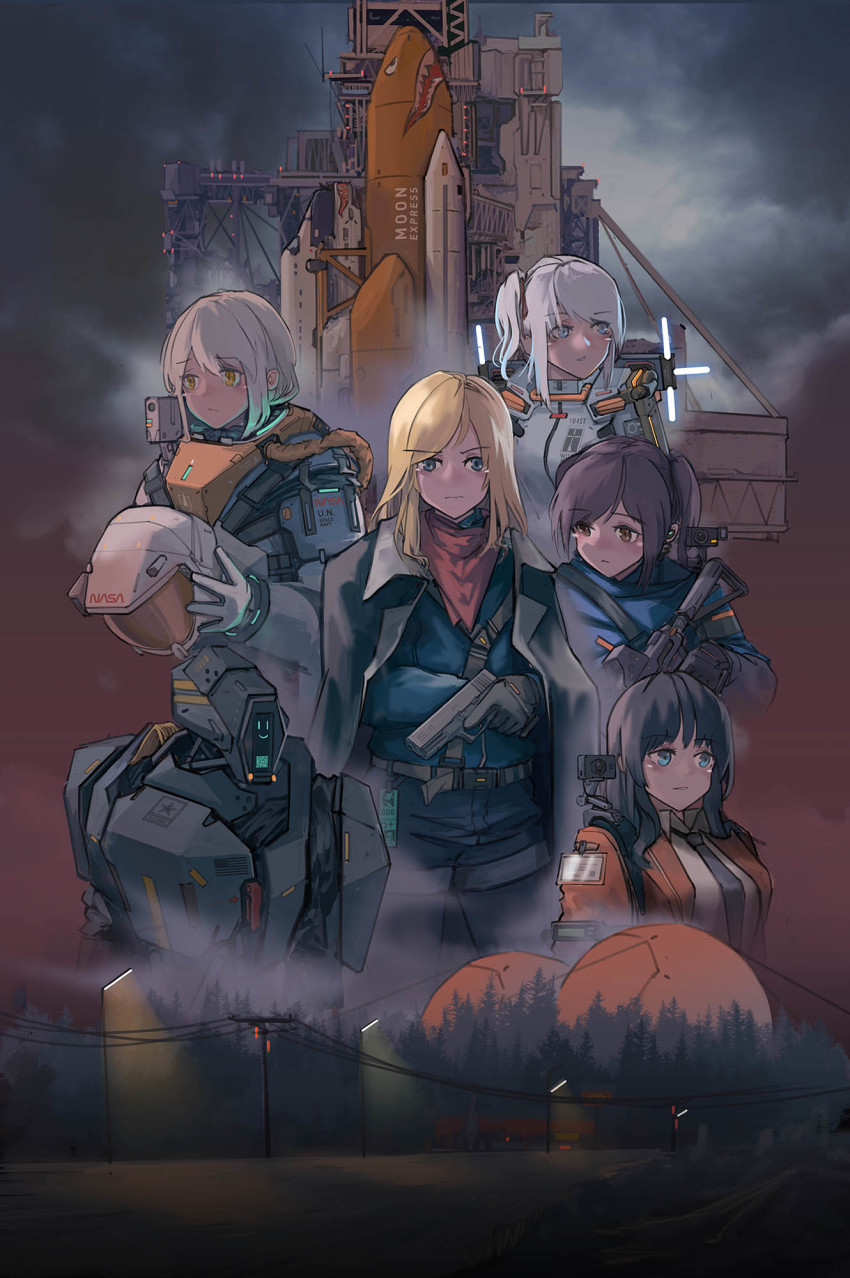 1other 5girls aegisfate assault_rifle bad_id bad_pixiv_id black_hair blonde_hair blue_eyes brown_hair building glock green_eyes grey_hair gun handgun helmet highres holding holding_gun holding_helmet holding_weapon jacket jacket_on_shoulders lamppost lifting_body logo long_hair multiple_girls nasa nasa_logo one_side_up original outdoors pistol rifle robot short_hair sidelocks space_shuttle spacecraft spacesuit trigger_discipline unworn_headwear unworn_helmet weapon white_hair yellow_eyes
