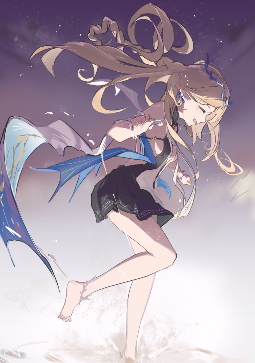 1girl bare_legs bare_shoulders barefoot black_dress blonde_hair breasts cartethyia_(wuthering_waves) closed_eyes commentary crown_of_thorns dress earrings feet floating_hair hands_up highres jewelry legs pointy_ears small_breasts smile solo splashing toes wturnip wuthering_waves