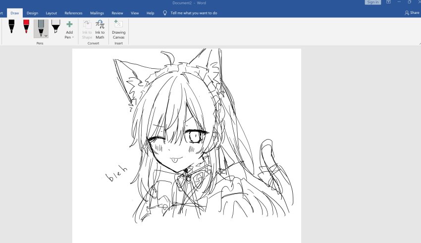 1girl :p absurdres ahoge animal_ear_fluff animal_ears art_program_in_frame cat_ears cat_tail english_text frilled_hairband frills hairband highres indie_virtual_youtuber microsoft_office microsoft_word microsoft_word_(medium) mikeneko_(vtuber) mikeneko_(vtuber)_(1st_costume) monitor one_eye_closed ookami_ciro ribbon sidelocks sketch tail tongue tongue_out virtual_youtuber