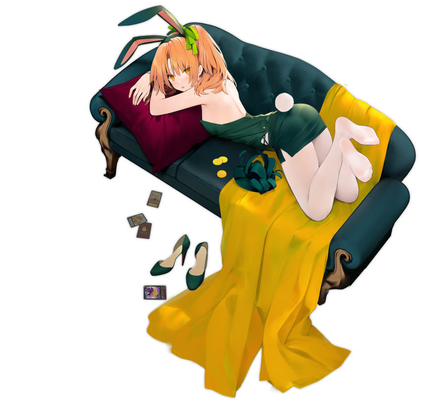 animal_ears azur_lane bare_back bare_shoulders couch dress fake_animal_ears green_dress green_shoes hair_ornament high_heels highres leotard looking_at_viewer morrison_(azur_lane) morrison_(sleeping_bunny)_(azur_lane) official_alternate_costume official_art on_couch orange_eyes orange_hair pantyhose playboy_bunny rabbit_ears rabbit_tail ribbon shoes solo suisai_(suisao) tail transparent_background unworn_shoes white_pantyhose
