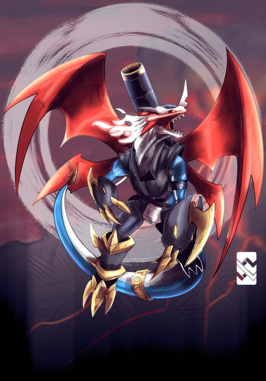 absurdres cannon claws digimon digimon_(creature) highres holy_ring imperialdramon imperialdramon_dragon_mode oridigi original solo tail