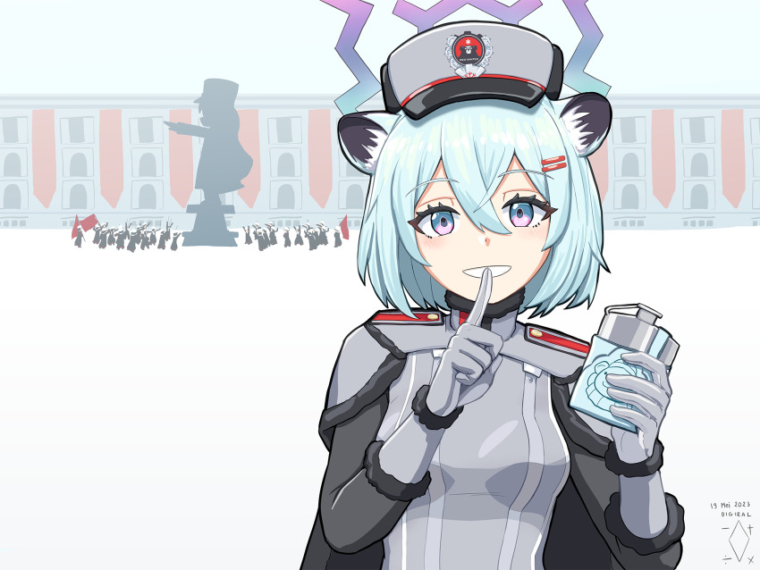1girl 6+others animal_ears artist_logo artist_name blue_archive blue_eyes blue_hair blue_halo capelet cherino_(blue_archive) commentary_request crowd dated digiral epaulettes finger_to_mouth flask gradient_eyes gradient_halo grey_capelet grey_hat grey_jacket grin halo hands_up hat highres hip_flask holding holding_flask jacket logo looking_at_viewer multicolored_eyes multicolored_halo multiple_others purple_eyes purple_halo red_flag shigure_(blue_archive) shushing silhouette smile statue weasel_ears weasel_girl white_background