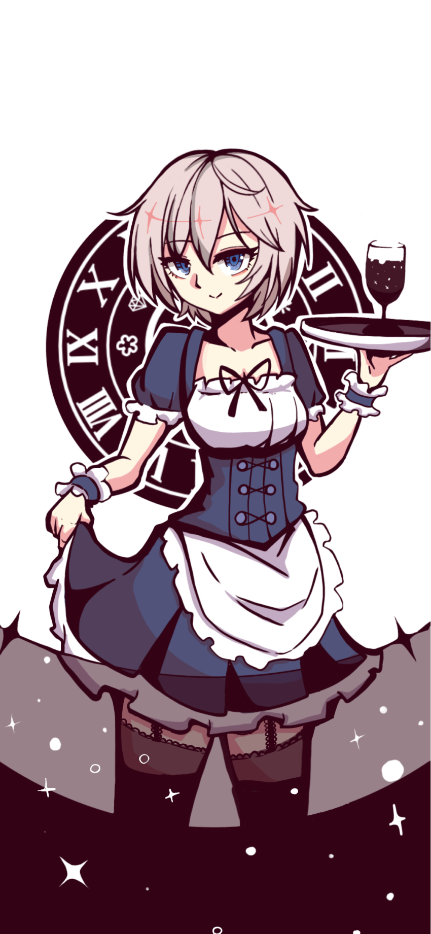 1girl absurdres anastasia_(idolmaster) apron blue_dress blue_eyes breasts brown_hair brown_thighhighs cleavage closed_mouth collarbone commentary_request cup dress drink drinking_glass garter_straps hair_between_eyes hand_up highres holding holding_tray idolmaster idolmaster_cinderella_girls kawamochi_(kawauti919) looking_at_viewer maid medium_breasts pleated_dress puffy_short_sleeves puffy_sleeves roman_numeral short_sleeves skirt_hold smile solo thighhighs tray white_apron white_background wine_glass wrist_cuffs