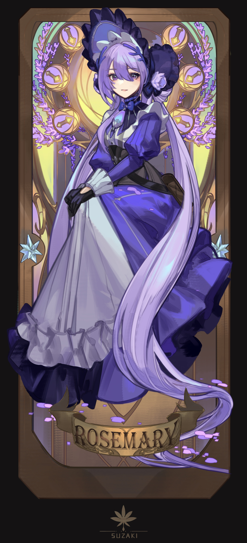 1girl absurdly_long_hair absurdres artist_logo black_gloves bonnet character_name closed_mouth commentary dress full_body gloves hair_between_eyes highres logo long_dress long_hair long_sleeves looking_at_viewer purple_bonnet purple_dress purple_eyes purple_hair purple_petals rosemary_(wuthering_waves) solo steve_zheng very_long_hair wuthering_waves