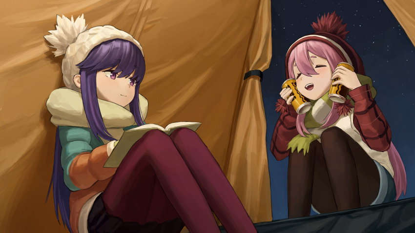 absurdres an_yb beanie book can drink_can hat highres holding holding_book holding_can indoors kagamihara_nadeshiko open_book reading shima_rin sitting squatting tent yurucamp