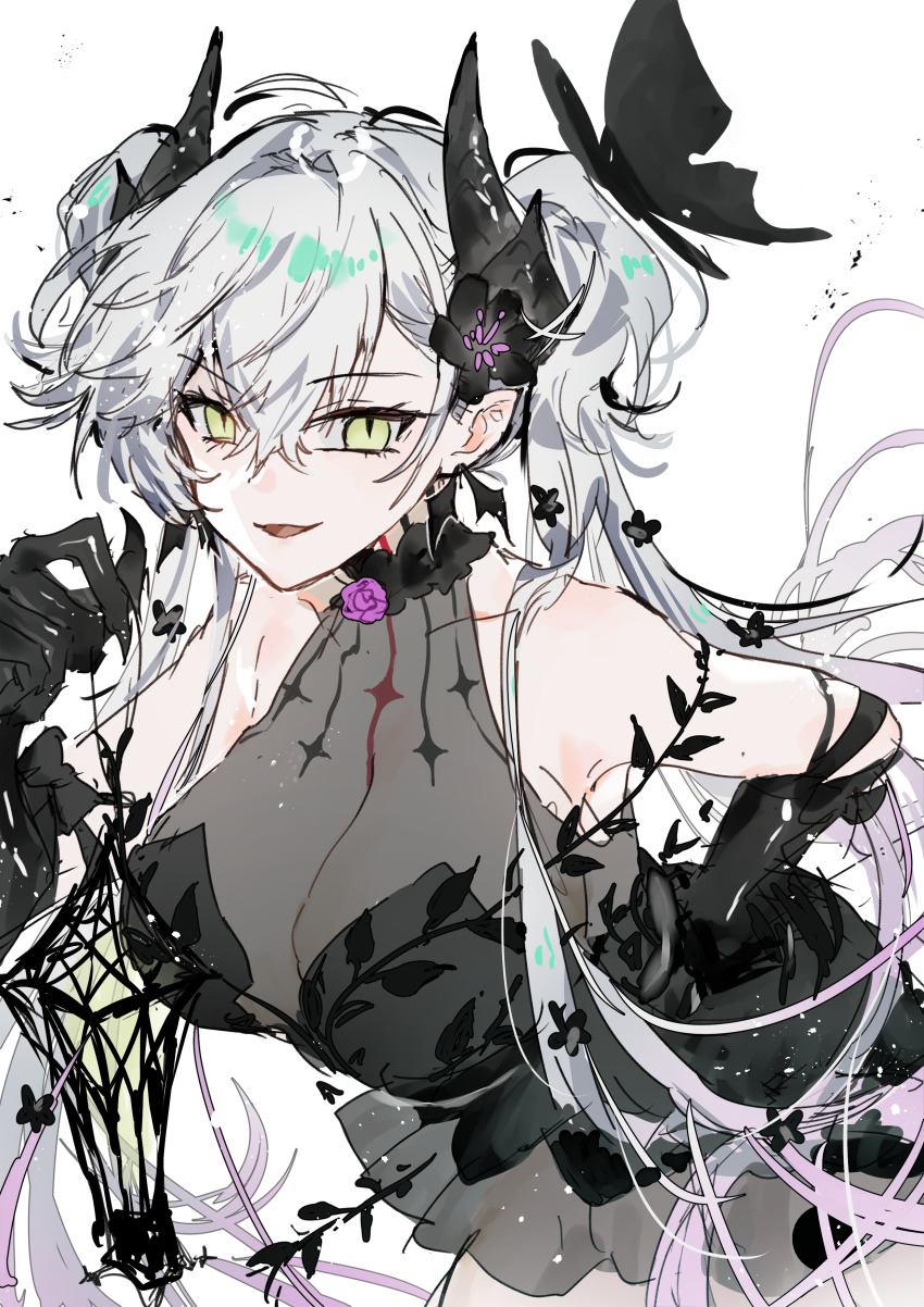 1girl absurdres bare_shoulders black_dress black_hands breasts colored_extremities crossed_bangs demon_girl demon_horns dress ear_piercing fate/grand_order fate_(series) green_eyes grey_hair highres horns large_breasts lilith_(fate) long_hair looking_at_viewer open_mouth piercing pointy_ears smile solo yakksan