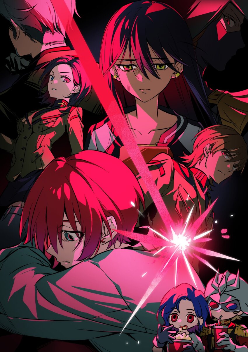 3d_glasses 4boys 4girls absurdres amate_yuzuriha aqua_eyes black_hair blue_hair brown_hair challia_bull char_aznable comoli_harcourt cup dirty dirty_face drinking drinking_straw drinking_straw_in_mouth eating epaulettes eye_mask food gloves gundam gundam_gquuuuuux helmet highres holding holding_cup jacket jonburrrr kycilia_zabi long_hair long_sleeves mask military_jacket military_uniform mouth_mask multiple_boys multiple_girls nyaan_(gundam_gquuuuuux) popcorn purple_hair red_eyes red_hair red_jacket sad short_hair shuji_ito xavier_olivette yellow_eyes