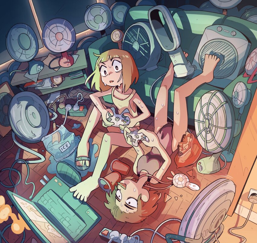 2girls bag_of_chips barefoot bladeless_fan blonde_hair bob_cut breasts brown_hair carles_dalmau computer controller couch eating electric_fan female_focus focused food game_controller grey_leotard highres indoors laptop leotard lying messy_room multiple_girls original panties playing_games power_strip sandals sanpaku shelf shoes single_shoe sitting small_breasts tank_top underwear water xbox_controller