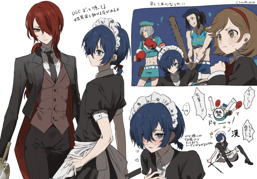 1girl 4boys alternate_costume amada_ken apron baseball_bat black_hair black_jacket black_necktie blue_eyes blue_hair boots boxing_gloves brown_eyes brown_hair closed_mouth commentary_request crop_top cropped_jacket crossdressing dress enmaided grey_hair hair_between_eyes hair_over_one_eye hair_ribbon hairband heart heart-shaped_pupils holding holding_baseball_bat iori_junpei jacket kirijou_mitsuru knee_boots long_hair maid maid_headdress multiple_boys necktie pants persona persona_3 persona_3:_dancing_moon_night persona_dancing red_hair red_hairband ribbon sanada_akihiko shirt simple_background star_(symbol) sweat symbol-shaped_pupils tamaon_2525 translation_request trap vest white_shirt yuuki_makoto_(persona_3)