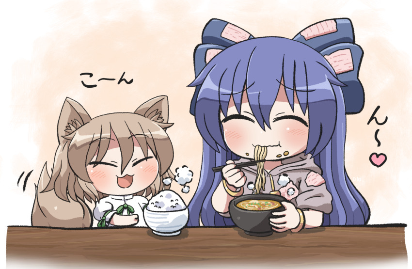 2girls :3 :d animal_ear_fluff animal_ears bangle blue_bow blue_hair blush bow bowl bracelet brown_hair chopsticks closed_eyes closed_mouth commentary_request crumbs eating food fox_ears fox_girl fox_tail green_ribbon grey_hoodie hair_bow holding holding_chopsticks hood hood_down hoodie jewelry ko~n kudamaki_tsukasa long_hair multiple_girls neck_ribbon open_mouth patch puffy_short_sleeves puffy_sleeves ribbon rice rice_bowl rokugou_daisuke short_hair short_sleeves signature sleeve_ribbon smile soup tail touhou upper_body white_romper yorigami_shion