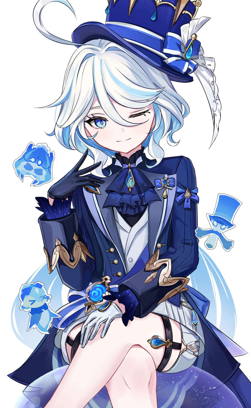 1girl absurdres blue_eyes blue_hat furina_(genshin_impact) genshin_impact gloves hat highres long_hair looking_at_viewer one_eye_closed simple_background smile solo wasi