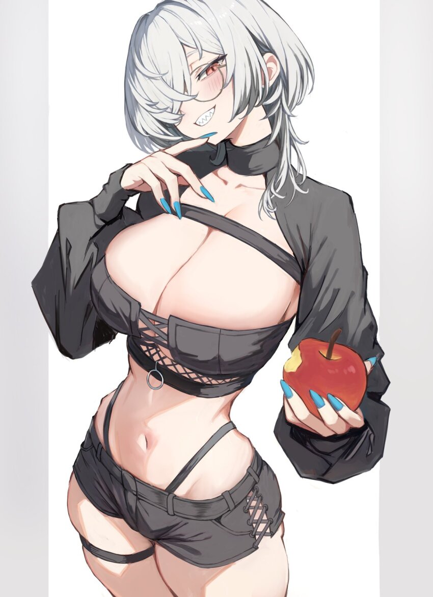 1girl apple breasts cleavage crop_top detached_sleeves food fruit glasses grey_hair grin hair_over_one_eye highres holding holding_food holding_fruit large_breasts long_sleeves medium_hair midriff nail_polish navel original panty_straps red_eyes round_eyewear sharp_teeth short_shorts shorts smile solo teeth torisanff14
