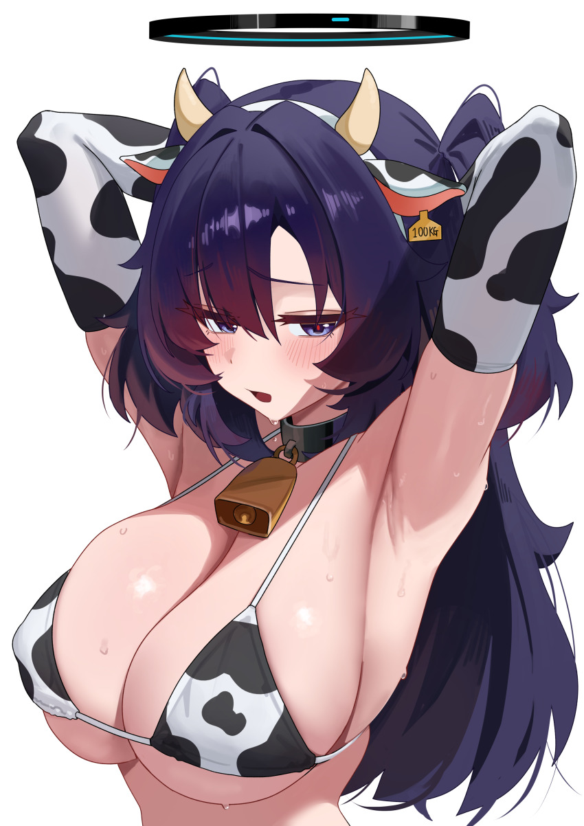 1girl absurdres alternate_costume animal_ear_hairband animal_ears animal_print armpits arms_behind_head arms_up bell bikini black_halo blue_archive blue_eyes blue_hair blush breasts cleavage cow_ear_hairband cow_ears cow_horns cow_print cow_print_bikini cowbell duplicate elbow_gloves fake_animal_ears fake_horns gloves hairband halo highres horns huge_breasts long_hair looking_at_viewer mcbox neck_bell open_mouth presenting_armpit print_bikini sideboob simple_background solo sweat swimsuit two_side_up underboob upper_body white_background yuuka_(blue_archive)