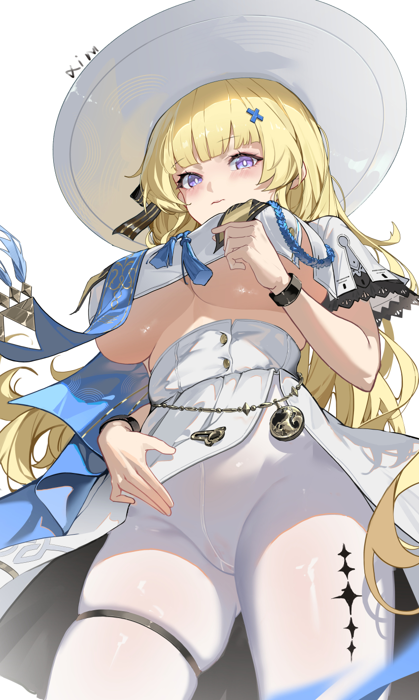 1girl absurdres alternate_breast_size black_bow blonde_hair blush bow breasts bright_pupils check_commentary closed_mouth commentary_request cowboy_shot crop_top from_below gusset hair_bow hair_ornament hat highres huade_xiami large_breasts long_hair looking_at_viewer pantyhose phoebe_(wuthering_waves) purple_eyes shirt signature simple_background skirt solo striped_bow tacet_mark_(wuthering_waves) underboob very_long_hair white_background white_hat white_pantyhose white_pupils white_shirt white_skirt wuthering_waves x_hair_ornament