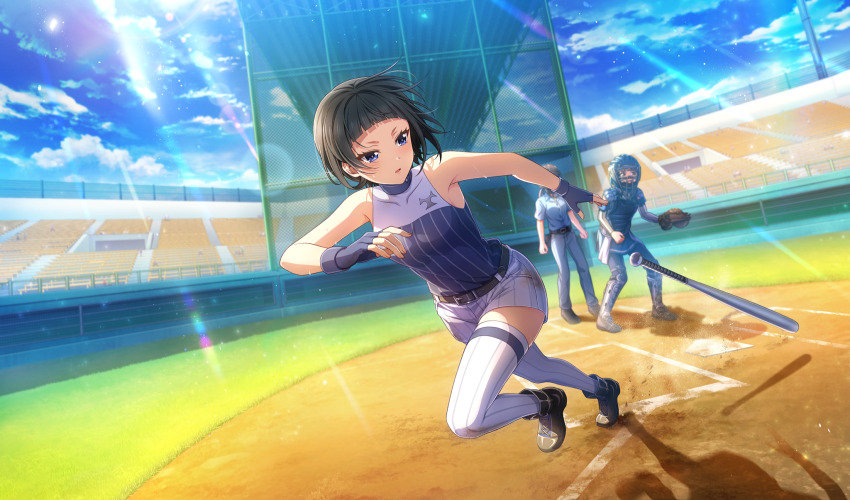 3girls arched_bangs baseball baseball_bat baseball_glove baseball_stadium baseball_uniform belt belt_buckle black_belt black_footwear black_hair black_pantyhose blue_shirt blurry buckle catcher&#039;s_mask catcher_(baseball) chest_protector cinderella_series cloud depth_of_field detached_sleeves dust_cloud film_grain fingerless_gloves full_body game_cg gloves grey_gloves grey_pants hachigatsu_no_cinderella_nine highres hikarida_tsubame lens_flare light_particles light_rays metal_baseball_bat multiple_girls non-web_source official_art outdoors pants pantyhose playing_sports purple_eyes running shin_guards shirt short_hair shorts sky sleeveless sleeveless_shirt solo_focus sportswear standing striped_clothes striped_shorts striped_thighhighs sunbeam sunlight sweat thighhighs umpire vertical-striped_clothes vertical-striped_shorts vertical-striped_thighhighs