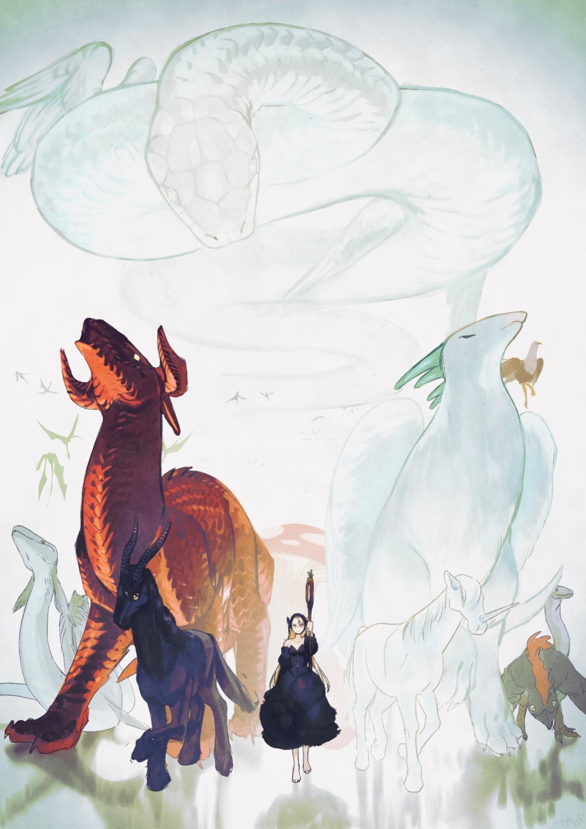 1girl ambrosia_(dungeon_meshi) animal barefoot basilisk bicorn_(creature) couatl_(dungeon_meshi) dragon dress dungeon_meshi facing_viewer giant_snake hakomiso highres hippogriff hood ice_dragon marcille_donato marcille_donato_(lord) oversized_animal red_dragon_(dungeon_meshi) snake unicorn walking white_background