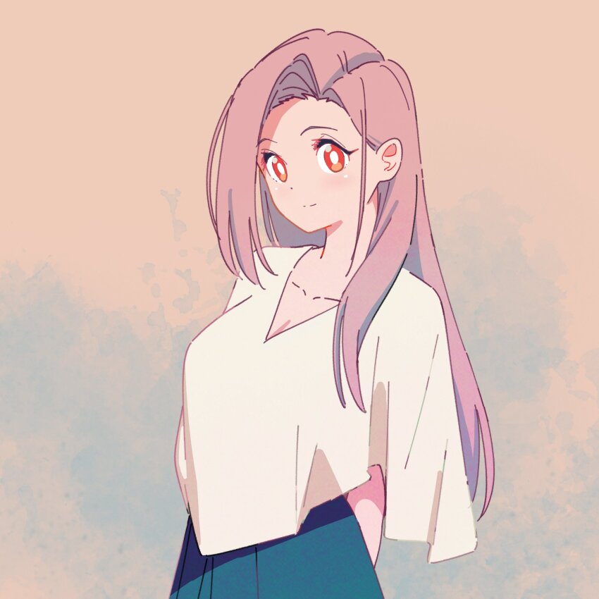 1girl arms_behind_back blue_skirt blush breasts closed_mouth commentary_request highres kamotsu large_breasts long_hair looking_at_viewer original pink_hair red_eyes shirt simple_background skirt solo v-neck white_shirt wide_sleeves