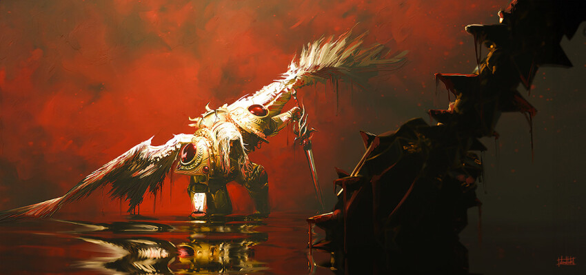 2boys angel_wings armor artist_name blade_encarmine blonde_hair blood blood_on_face bloody_weapon bloody_wings breastplate broken_wing commentary doodlok english_commentary gold gold_armor holding holding_mace holding_sword holding_weapon horus_lupercal imminent_death long_hair mace multiple_boys on_one_knee ornate_armor out_of_frame pauldrons pool_of_blood power_armor primarch regalia_resplendent sanguinius shoulder_armor signature spiked_mace spikes standing sword warhammer_40k weapon white_wings wings