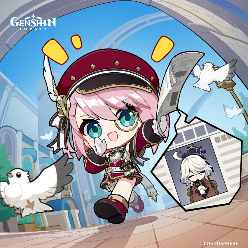 2girls absurdres aqua_eyes belt bird building newsboy_cap charlotte_(genshin_impact) chibi commentary copyright_name day dot_nose english_commentary full_body furina_(genshin_impact) genshin_impact gloves hat hat_ornament highres holding holding_newspaper holding_paper lamppost long_sleeves looking_at_viewer medium_hair monocle multiple_girls newspaper official_art open_mouth outdoors paper pink_hair pouch puffy_long_sleeves puffy_sleeves red_hat red_shoes red_skirt ribbon shirt shoes skirt sleeveless sleeveless_shirt smile suspender_skirt suspenders thigh_pouch white_belt white_gloves white_ribbon white_shirt