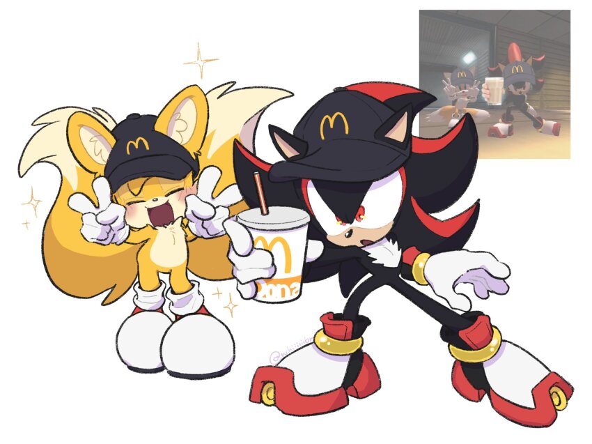 2boys animal_ears baseball_cap bg_(nchiiiiiibr) closed_eyes cup disposable_cup double_v fox_ears fox_tail full_body game_screenshot_inset gloves hat highres holding holding_cup male_focus mcdonald&#039;s multiple_boys multiple_tails open_mouth orange_eyes reference_inset shadow_the_hedgehog shadow_the_hedgehog_(game) sonic_(series) sparkle tail tails_(sonic) two_tails v white_gloves