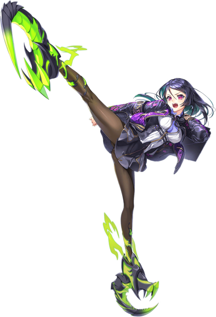 1girl artist_request bad_source blue_hair breasts chicca_(unitia) earrings floral_print full_body game_cg green_hair high_kick highres jewelry kicking long_sleeves multicolored_hair official_art open_mouth pantyhose pink_eyes skirt solo teeth third-party_source transparent_background two-tone_hair unitia upper_teeth_only v-shaped_eyebrows
