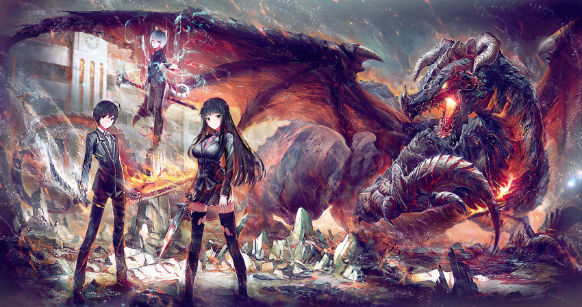 1girl 2boys ahoge animal_ears black_eyes black_hair black_thighhighs blood bloody_weapon clock dragon dual_wielding fire flaming_sword flaming_weapon glowing glowing_eyes grey_hair holding long_hair looking_at_viewer multiple_boys official_art outdoors shirakaba staff standing standing_on_one_leg sword thighhighs weapon